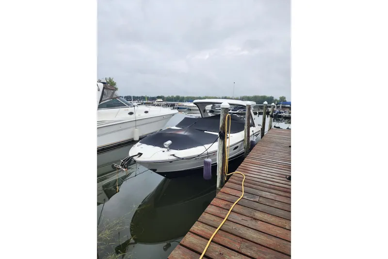 Slide: The Image of 2023 Sea Ray SLX 310 boat docked at a marina on a cloudy day. - 37