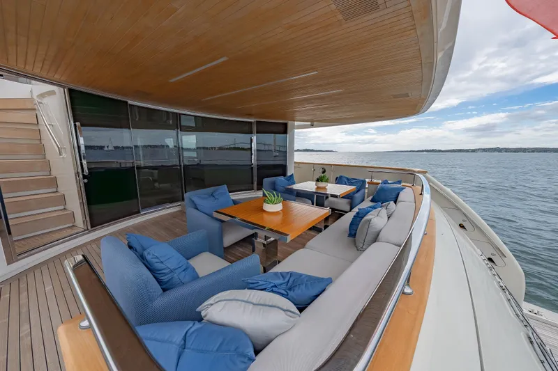 Slide: The Image of Luxurious 2019 Sanlorenzo SD112 yacht deck with elegant seating and ocean view. - 10