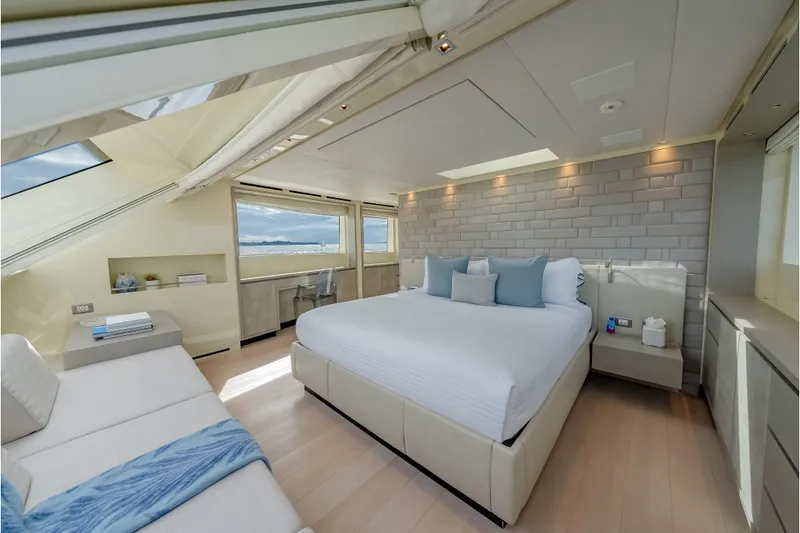 Slide: The Image of Luxurious bedroom interior on 2019 Sanlorenzo SD112 yacht with modern design and ocean view. - 18