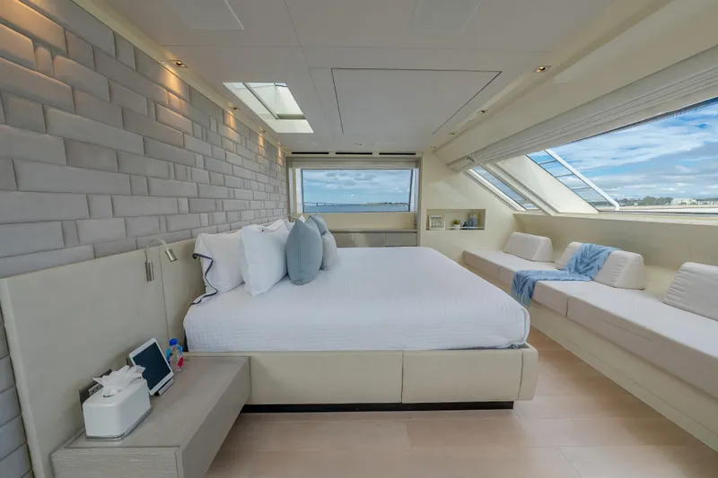 Slide: The Image of Luxurious bedroom interior of 2019 Sanlorenzo SD112 yacht with panoramic windows and modern decor. - 19