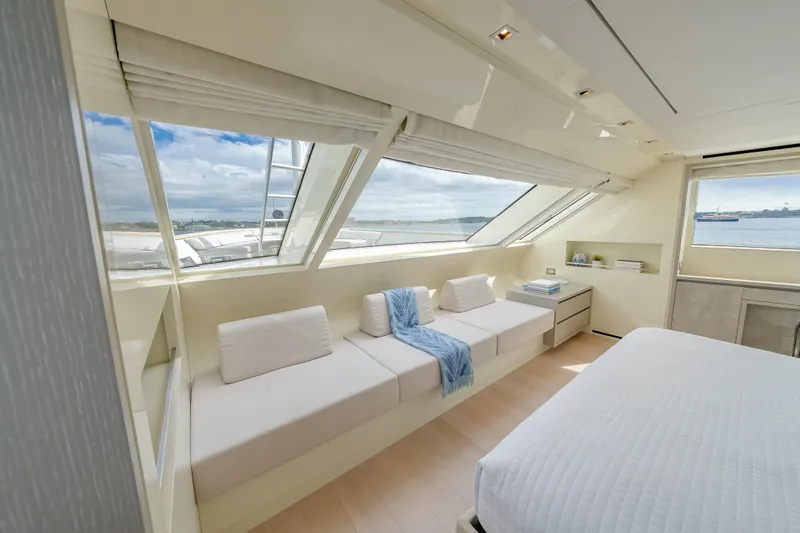 Slide: The Image of Luxurious Sanlorenzo SD112 yacht interior, 2019 model, featuring elegant seating and panoramic windows. - 20