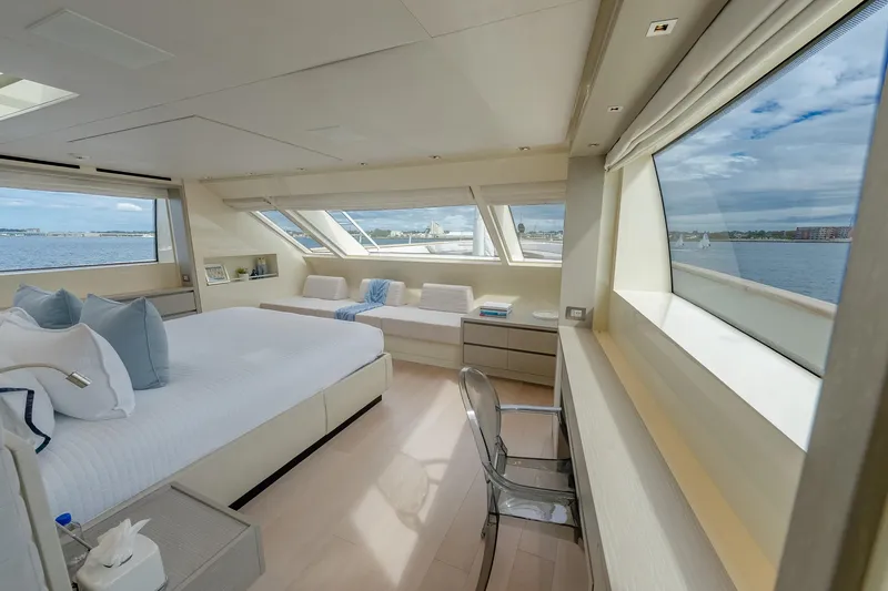 Slide: The Image of Luxurious 2019 Sanlorenzo SD112 yacht bedroom with ocean views and modern decor. - 22