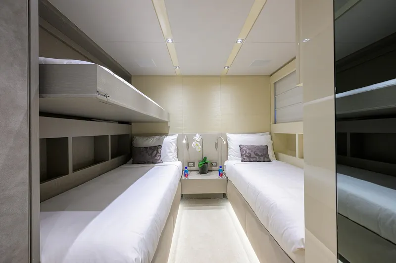 Slide: The Image of Luxurious twin cabin interior on 2019 Sanlorenzo SD112 yacht, featuring modern design and cozy beds. - 30