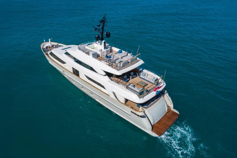 Slide: The Image of Luxurious 2019 Sanlorenzo SD112 yacht cruising on open sea, aerial view. - 45