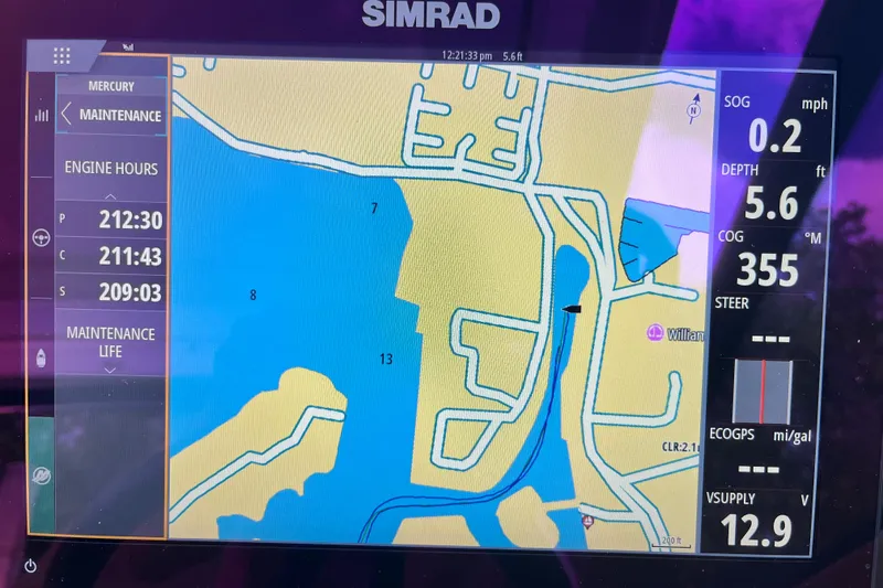 Slide: The Image of Simrad navigation display on 2020 Sea Ray Sundancer 320 Outboard, showing map and engine data. - 48