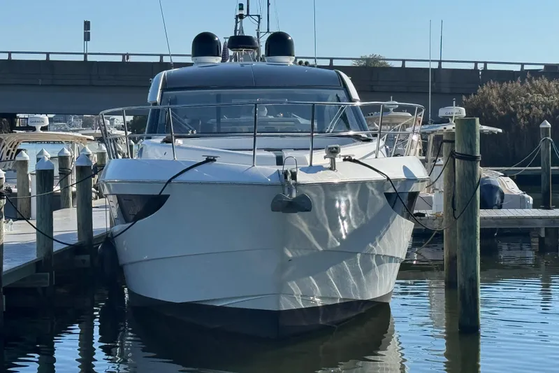 Slide: The Image of 2017 Galeon 445 HTS yacht docked at marina, front view. - 10
