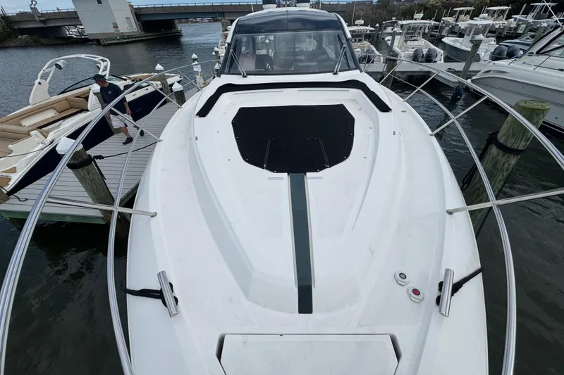 Slide: The Image of 2017 Galeon 445 HTS yacht docked at marina, view from bow. - 15