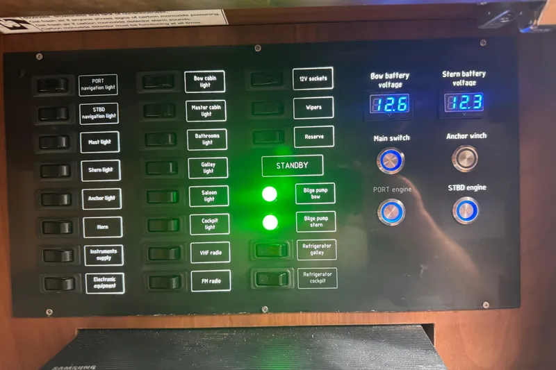 Slide: The Image of Control panel of a 2017 Galeon 445 HTS yacht with switches and battery voltage displays. - 65