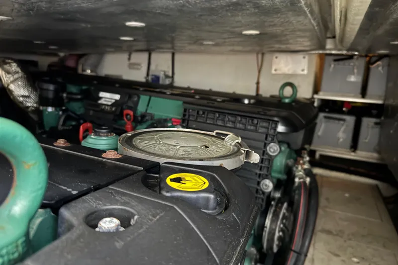 Slide: The Image of Engine compartment of 2017 Galeon 445 HTS yacht, showcasing mechanical components and details. - 78