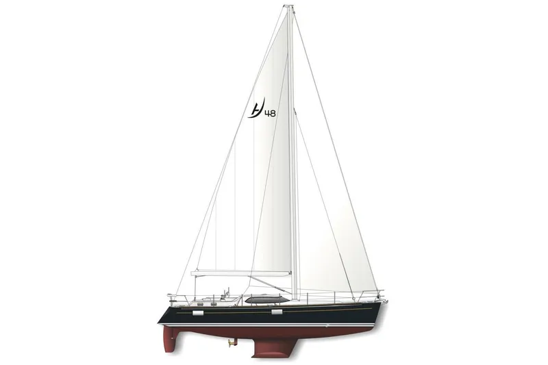 Slide: The Image of Sleek 2025 Hylas H48 sailboat with white sails and dark hull design. - 22