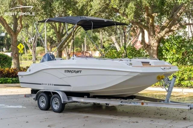 Slide: The Image of 2021 Starcraft SVX 191 OB boat on trailer, parked outdoors. - 2