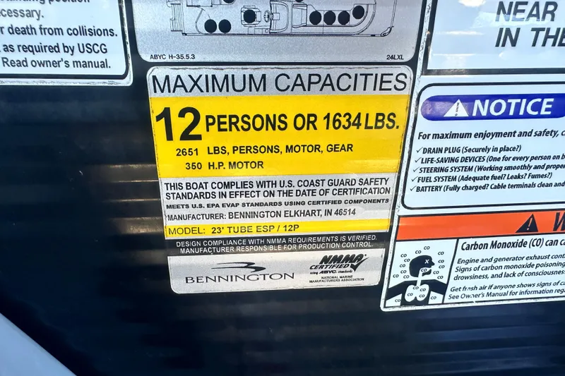 Slide: The Image of Capacity label on 2022 Bennington LX 24 L-Bench, 12 persons or 1634 lbs, 350 HP motor. - 19