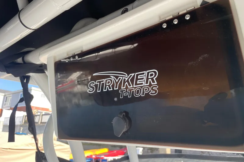 Slide: The Image of Stryker T-Tops on 2006 Boston Whaler 170 Montauk boat, close-up view. - 20