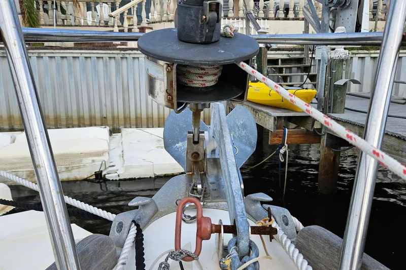 Slide: The Image of Bow of 1987 Tartan 37 sailboat with anchor and rigging details. - 13