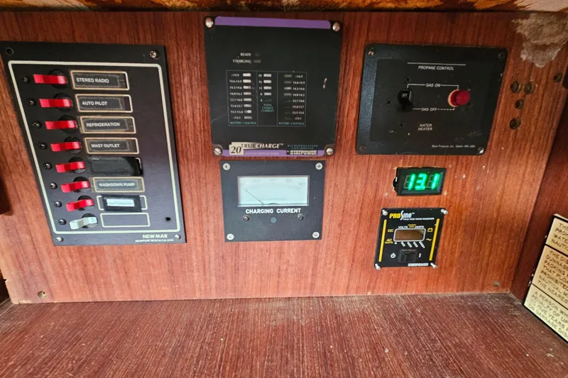 Slide: The Image of Control panel of a 1987 Tartan 37 sailboat with various switches and gauges. - 39
