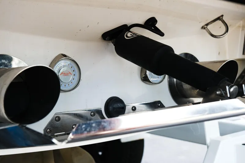 Slide: The Image of 2019 MasterCraft X22 boat stern with exhaust pipes and Abyss underwater lights. - 8