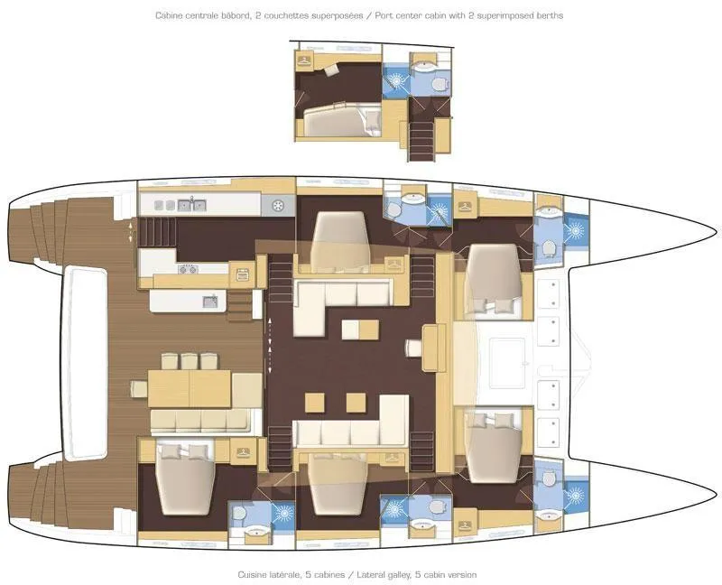 Slide: The Image of Floor plan of a 2015 Lagoon Motor Yacht, featuring five cabins and a lateral galley. - 41