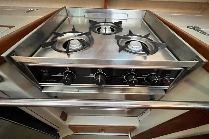 Slide: The Image of Stainless steel stove with two burners in a 1996 Catalina 400 yacht kitchen. - 40