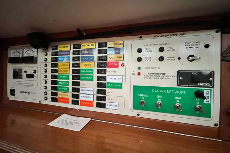 Slide: The Image of Electrical control panel of a 1996 Catalina 400 yacht with labeled switches and gauges. - 59