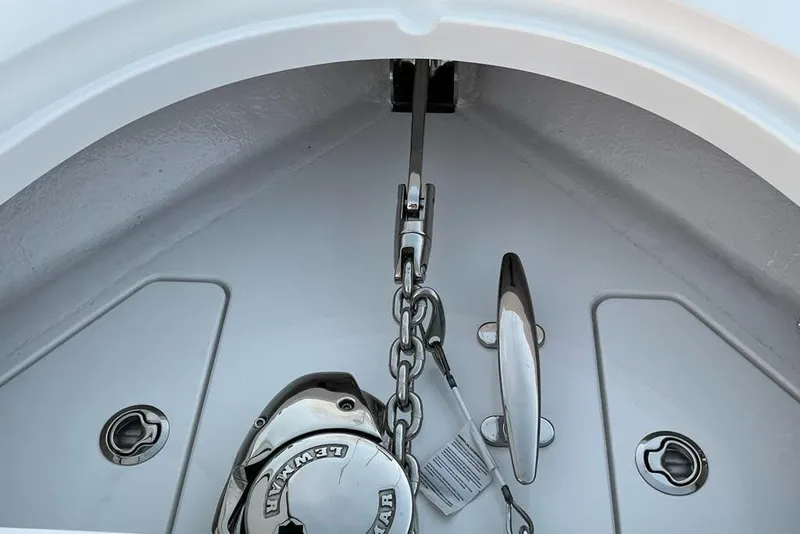 Slide: The Image of 2023 Valhalla Boatworks V-37 anchor locker with chain and cleat details. - 7