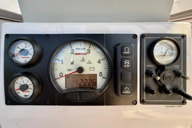 Slide: The Image of Control panel of a 2020 Catalina 425 sailboat with Yanmar engine gauges and switches. - 17