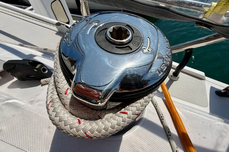 Slide: The Image of Chrome winch on Catalina 425 sailboat, 2020 model, with braided rope and deck details. - 19