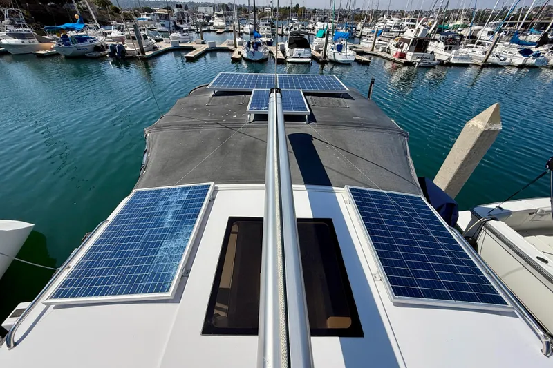 Slide: The Image of Catalina 425 sailboat with solar panels docked at marina, 2020 model. - 30