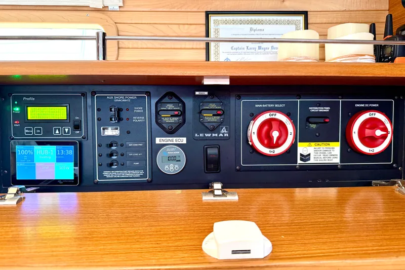Slide: The Image of Control panel of a 2020 Catalina 425 yacht with various switches and displays. - 57
