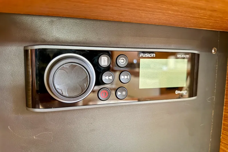 Slide: The Image of Fusion MS-RA70 stereo system in 2020 Catalina 425 yacht, featuring Bluetooth connectivity. - 62