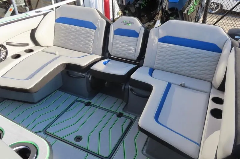 Slide: The Image of 2025 Sunsation 32 CCX boat interior with stylish seating and modern design. - 11