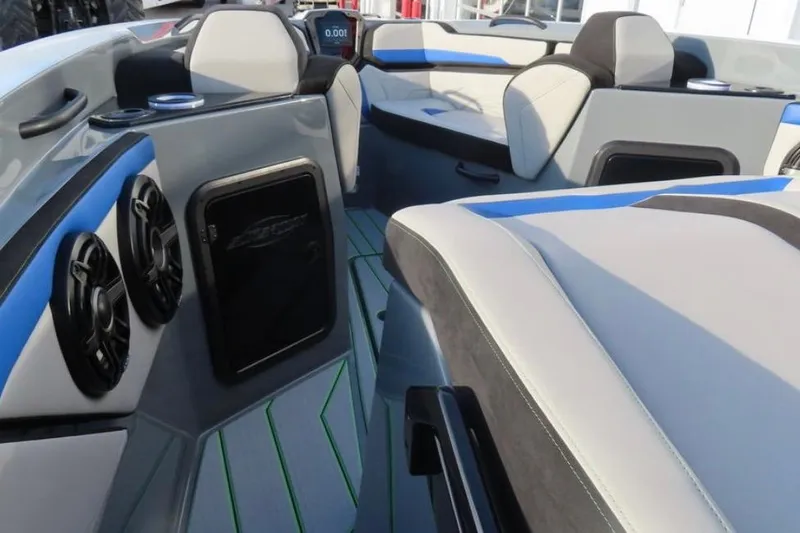 Slide: The Image of 2025 Sunsation 32 CCX interior with modern seating and audio system. - 14