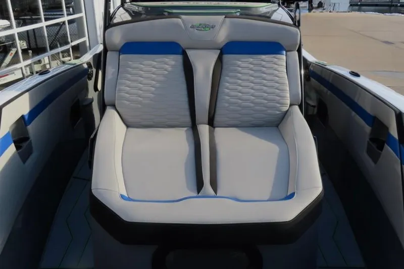 Slide: The Image of 2025 Sunsation 32 CCX boat interior with stylish seating and modern design. - 16