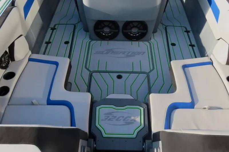 Slide: The Image of 2025 Sunsation 32 CCX boat interior with stylish seating and modern design. - 8