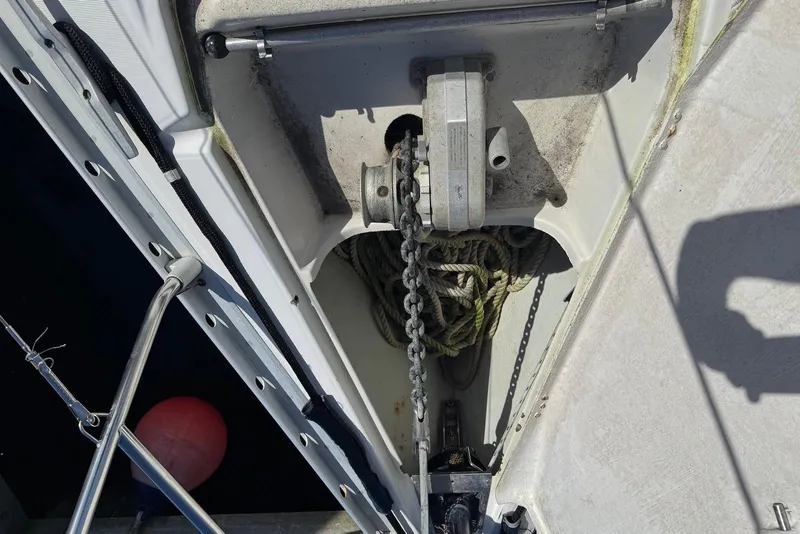 Slide: The Image of Anchor chain and rope storage on a 1992 Beneteau Oceanis 370 sailboat. - 20