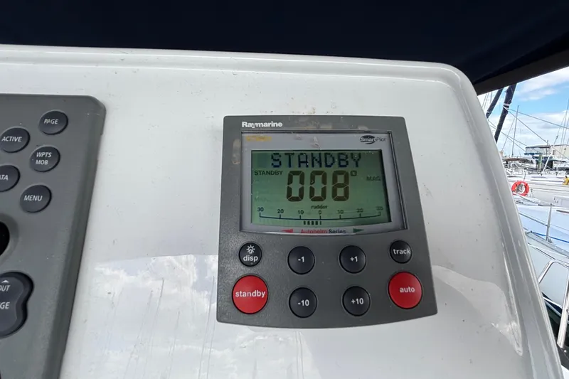 Slide: The Image of Raymarine autopilot display on 2006 Hunter 38 sailboat, showing standby mode. - 20