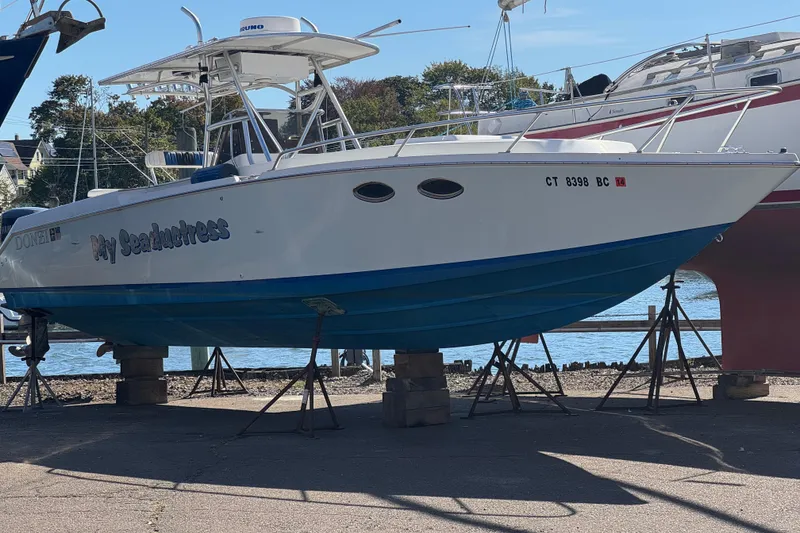 Slide: The Image of 1990 Donzi F 33 boat on stands by the waterfront, named "My Seaductress." - 2