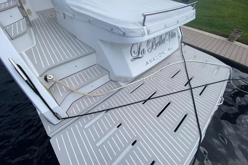 Slide: The Image of Azimut Atlantis 45 yacht, 2021 model, docked with "La Bella Vita" nameplate. - 15