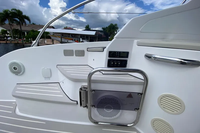 Slide: The Image of 2021 Azimut Atlantis 45 yacht deck with modern controls and sleek design. - 20