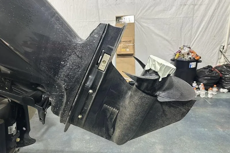 Slide: The Image of Close-up of a 2019 Sun Tracker Party Barge 22 RF DLX boat motor propeller. - 4