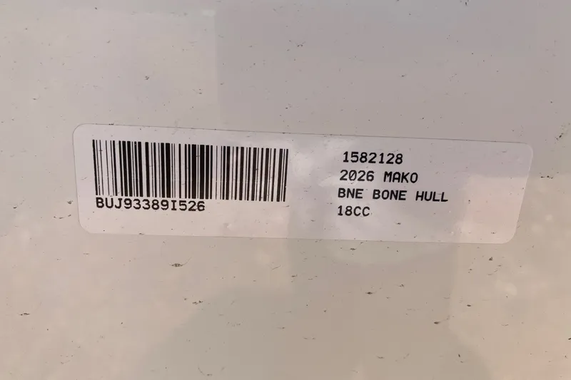 Slide: The Image of Barcode label on 2026 Mako 18 Pro Skiff, BNE Bone Hull, 18CC model. - 10