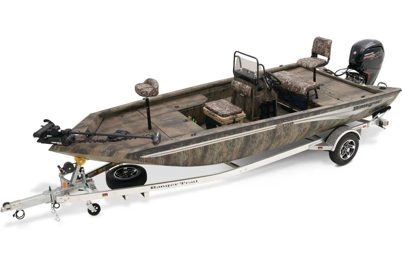 Slide: The Image of 2024 Ranger RB190 boat with Mercury engine on trailer, parked outdoors. - 0
