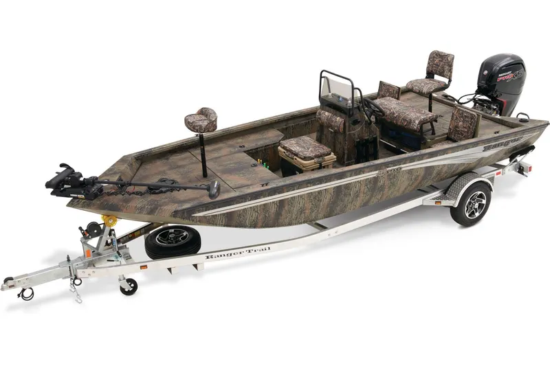 Slide: The Image of 2024 Ranger RB190 boat on trailer, parked outdoors, featuring a sleek design and Mercury engine. - 1
