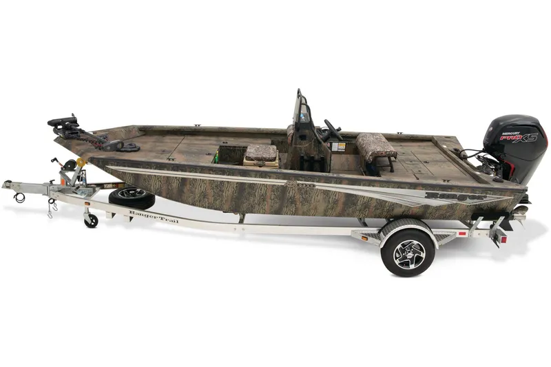 Slide: The Image of 2024 Ranger RB190 boat on trailer, parked outdoors, featuring sleek design and modern seating. - 7
