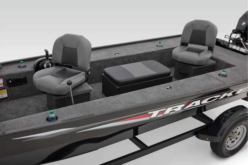 Slide: The Image of Fishfinder on 2026 Tracker Panfish 17 boat deck, featuring a Garmin device. - 16