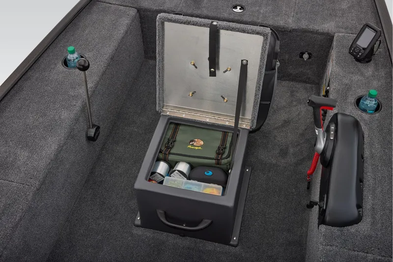 Slide: The Image of 2026 Tracker Panfish 17 boat with gray seating and Mercury outboard motor. - 22