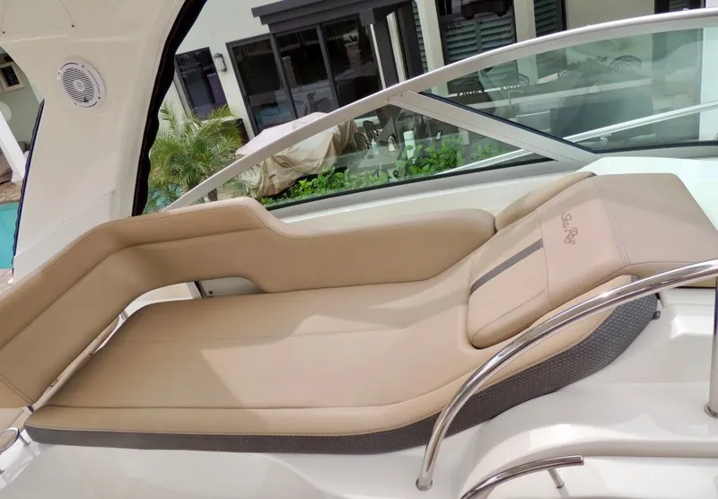 Slide: The Image of 2016 Sea Ray 350 Sundancer boat with outdoor kitchenette and "Good Stuff" label. - 32