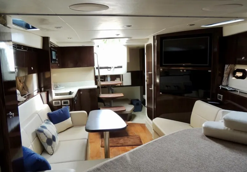 Slide: The Image of Luxurious interior cabin of 2016 Sea Ray 350 Sundancer yacht with plush bedding. - 38