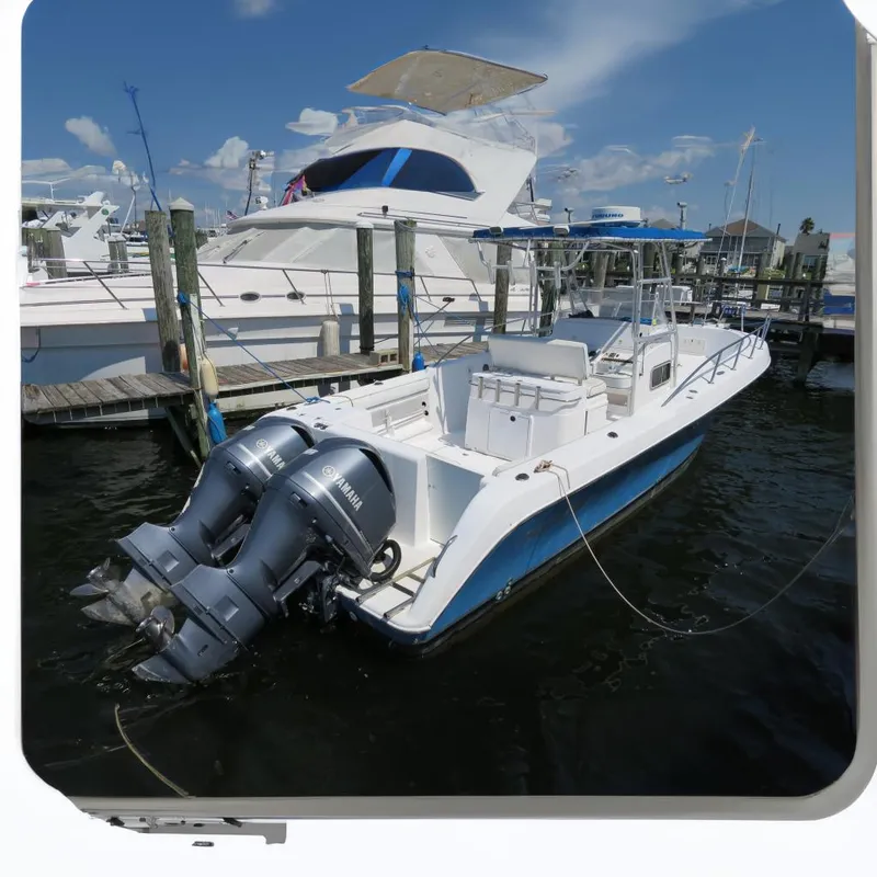 The Image of 2000 PROLINE Sport Center Console boat docked with twin Yamaha engines. - 0