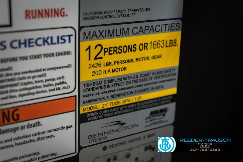Slide: The Image of Capacity label for Bennington 22 MFB 2026 boat, 12 persons or 1663 lbs, 200 HP motor. - 61