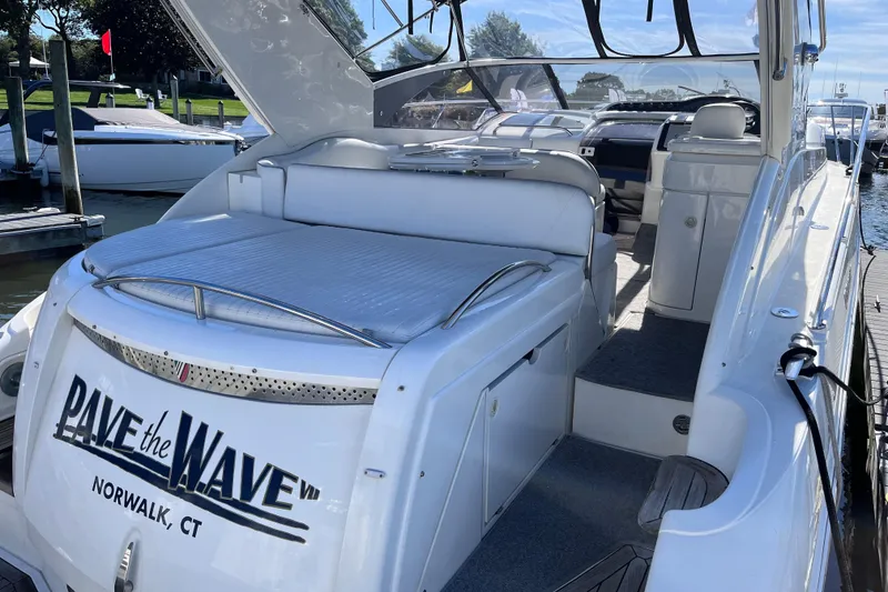 Slide: The Image of 2006 Fairline Targa 40 yacht docked, featuring spacious deck and sleek design in Norwalk, CT. - 2